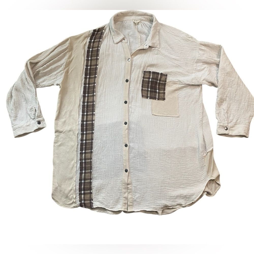 POL Cream Gauzey Oversized Plaid Accent Button Down Shirt - Picture 1 of 5